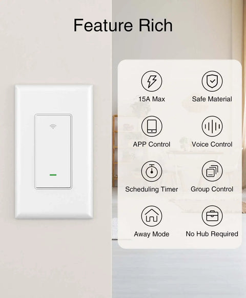Smart WiFi Light Switch For Single Pole Wiring 2.4GHz Easy Setup Works With Alexa And Google Home Voice Control Neutral Wire Required UL Certified 120V 15A Max Not For 3 Way Lighting Includes 2 Pack shown with features like voice control and app control displayed.