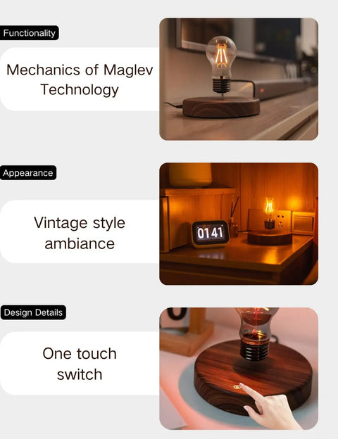 Levitating Bulb Lamp With Magnetic Floating Light for desk, showing one touch switch, vintage ambiance, and mechanics of maglev tech.