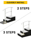 Adjustable Three Foot Steel Step Handrail For Outdoor Stairs Compatible With Two Or Three Steps Built Tough, showing installation examples.