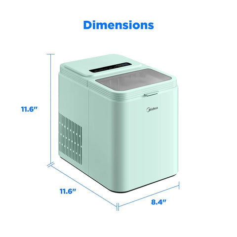 Heavy Hitter Countertop Bullet Ice Maker Cranks Out Twenty Six Pounds Daily With Low Maintenance Self Cleaning Design and Handy Scoop for weekend grind or backyard bonfires, dimensions shown.