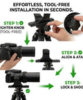 Arca-Swiss Quick Release Plate For P1000 And P1100 Cameras installation steps, showing hands adjusting the tripod mount.