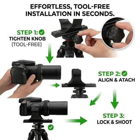 Arca-Swiss Quick Release Plate For P1000 And P1100 Cameras installation steps, showing hands adjusting the tripod mount.