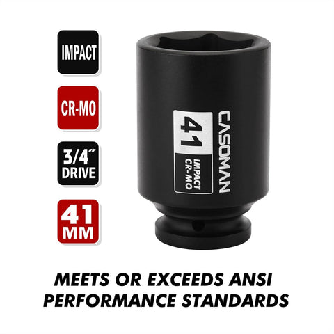Three Quarter Inch Drive Deep Impact Socket 41 Millimeter Jumbo Metric Six Point Chrome Molybdenum Steel Black Phosphate