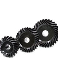 Top Shelf Rock Solid Spiral Bevel Gear Set, Precision Engineered With 1.5M Module And Heavy Duty Alloy Steel displayed in three sizes.
