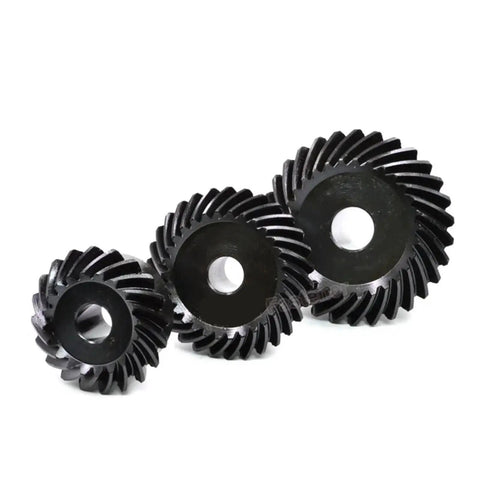Top Shelf Rock Solid Spiral Bevel Gear Set, Precision Engineered With 1.5M Module And Heavy Duty Alloy Steel displayed in three sizes.