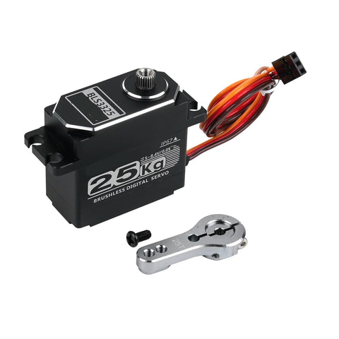 Built Tough 25Kg Brushless Digital Servo With Full Metal Gears for RC vehicles, showcasing servo motor and arm attachment.