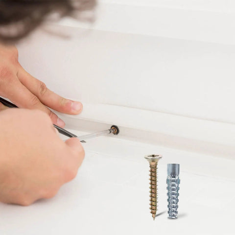 Hands using Drywall Anchors and Screws Kit 40 Sets Heavy Duty Rust Proof Steel Construction for Concrete and Dry Walls