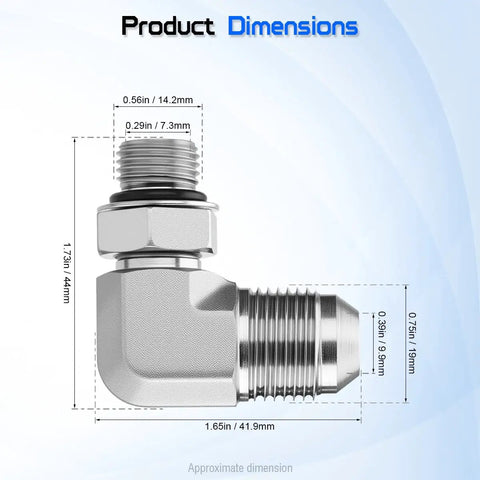 Half Inch Male JIC 37 Degree Flare To Three Eighth Inch Male SAE ORB 90 Degree Elbow Hydraulic Adapter For JIC To ORB Conversion SAE J514 J1926 Compatible Solid Heavy Duty 2 Pack, dimensioned side view