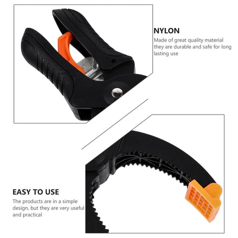 Close-up of A-Type Quick Release Ratchet Spring Clamps 2-Pack for Woodworking and Photography Backdrop Cloth Clips in black and orange.
