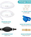 Yetofro gas siphon hose pump with two clear PVC hoses, four hose clips, blue hose retainer, rubber pump, brass extender