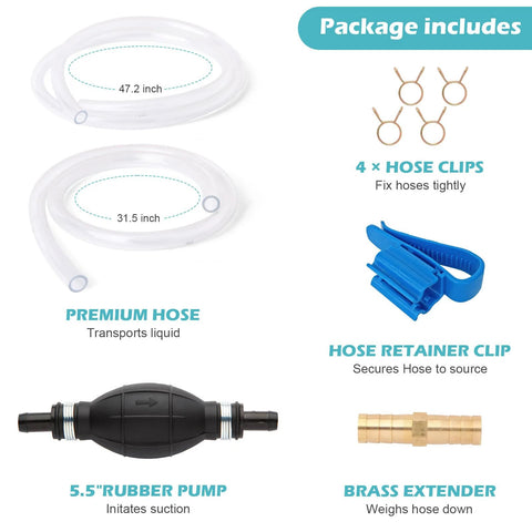Yetofro gas siphon hose pump with two clear PVC hoses, four hose clips, blue hose retainer, rubber pump, brass extender