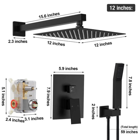 Matte Black 12 Inch Rainfall Shower Head System With Handheld Square Shower Head Luxury Rain Mixer Complete Set. Wall mounted.