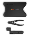 Ultimate Tour Grade Guitar String Changing Kit with peg winder, bridge pin puller, and neck-rest storage case, top view.