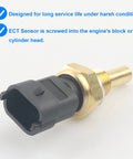 Coolant temperature sensor (ECT) with brass threaded body and black plastic connector, side view