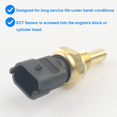Coolant temperature sensor (ECT) with brass threaded body and black plastic connector, side view