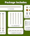 Package includes components for No Drills No Drama Drill Free Balcony Guardrail with handrail, posts, and hardware.