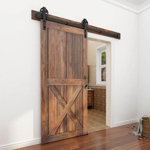 Heavy Duty Sliding Barn Door Hardware Kit Black 6 Ft Track System With Silent Glide Wheels installed on wooden door
