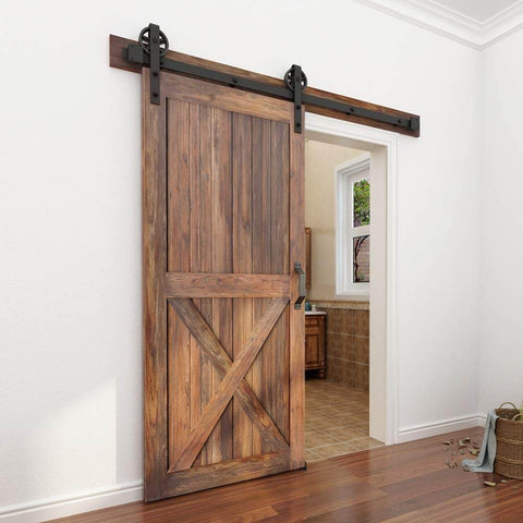 Beefy Adjustable 5 To 16Ft Wood Sliding Barn Door Hardware Kit With 8Ft Basic Black Flat Track System installed in a home