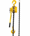 Heavy Duty Lever Chain Hoist, One And A Half Ton Capacity With 3300 Lb Lift, 20 Ft Chain, Side View, Yellow with Hooks and Black Chain