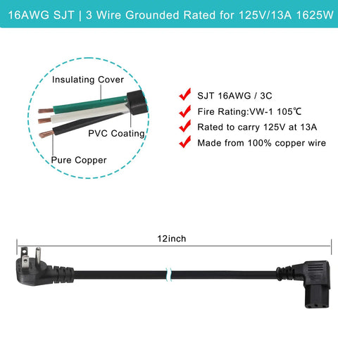 90 Degree Right Angle 1ft Power Cord NEMA 5-15P To IEC C13 Flat Plug 16AWG Angled AC Cable with internal wire details