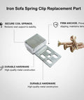 Heavy Duty Iron Sofa Spring Clip Connector For Reattaching Loose Coil Springs To Frame Rails Durable Silver Furniture Repair Hardware with screws.