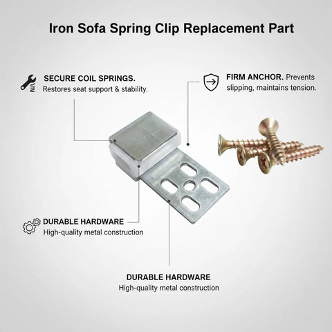 Heavy Duty Iron Sofa Spring Clip Connector For Reattaching Loose Coil Springs To Frame Rails Durable Silver Furniture Repair Hardware with screws.