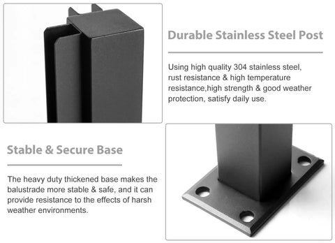 Sleek Matte Black Stainless Steel Glass Railing Post 59 Inch U Channel Balustrade Spigot, durable post with stable base.