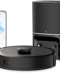 Smart LiDAR Robot Vacuum And Mop With Self Emptying Dock Crazy 5300Pa Suction 97 Percent Dust Pickup Custom Clean Modes Auto Charge Works With Alexa And Google Home RV30 Max Plus next to charging dock and smartphone showing cleaning map interface