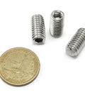 Beefy 10-Piece 3/8-16 x 3/4 Inch Socket Set Screws 304 Stainless Steel alongside a coin for size reference.
