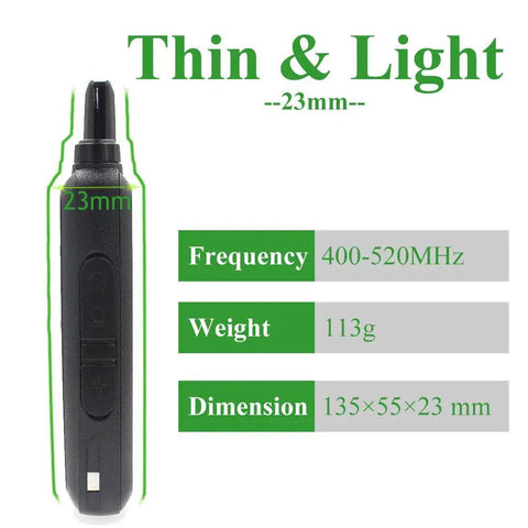 Side view of UHF 400-470 MHz Mini Handheld Walkie Talkie Transceiver Radio With Ultra Slim 96x55x22mm Design, Military Grade Quality