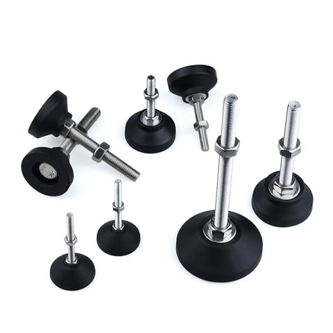Heavy Duty Adjustable Leveling Feet With Swivel Bases And Universal M8 M10 M12 Threads For Furniture And Lathes on a white background.