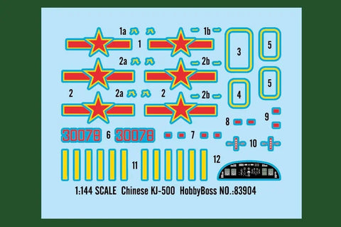 Decal sheet for 1:144 Chinese KJ-500 Scale Model Kit with aircraft markings and cockpit details for display.