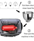Padded Stand Mixer Travel Bag For 6 To 8 Quart KitchenAid, storing red mixer and attachments instructions; shown open with accessories.