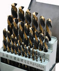 29 Piece Left Hand Drill Bit Set In Black And Gold Pro Grade For Extracting Broken Screws Or Bolts With 135 Degree Split Point Ground Self Centering Stubby Bits From One Sixteenth To One Half Inch In One Sixty Fourth Increments Neatly Stored In Metal Case