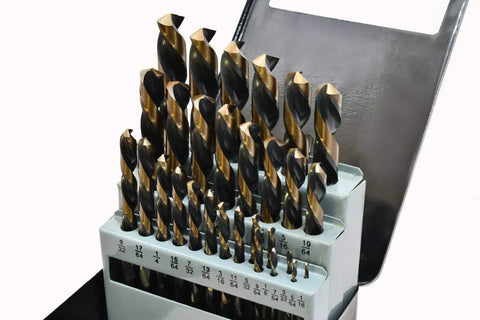 29 Piece Left Hand Drill Bit Set In Black And Gold Pro Grade For Extracting Broken Screws Or Bolts With 135 Degree Split Point Ground Self Centering Stubby Bits From One Sixteenth To One Half Inch In One Sixty Fourth Increments Neatly Stored In Metal Case