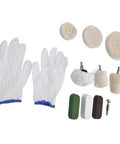 11 Piece Polishing Buffing Wheel Kit With Cotton Flannel Pads And Wax Rod Mount For Cordless Drills, includes gloves and polishing pads.