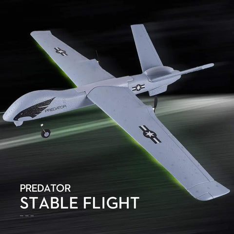 Beginner Friendly 2.4Ghz RC Plane With 2 Channels, DIY Predator Aircraft, shown mid-flight with stable 3-axis gyro, EPP foam.