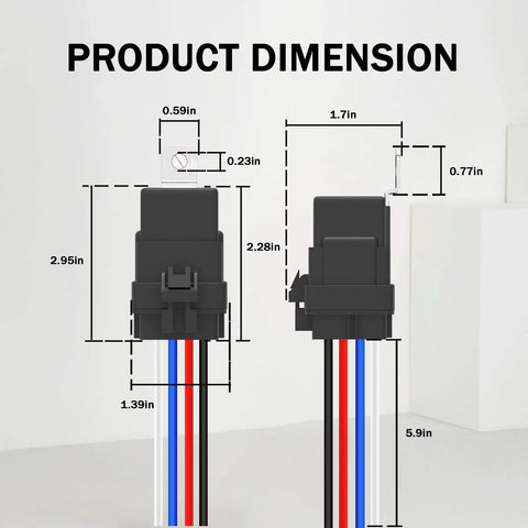 Dimensions of Heavy Duty 4 Pin 12V DC Automotive Relay 40 And 30 Amp Waterproof With Harness And 12 AWG Tinned Copper Wires shown