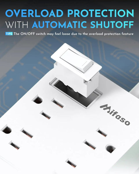Close-up of 10Ft Braided Power Strip With Flat Plug, 4 Outlets, showing overload protection switch and USB ports