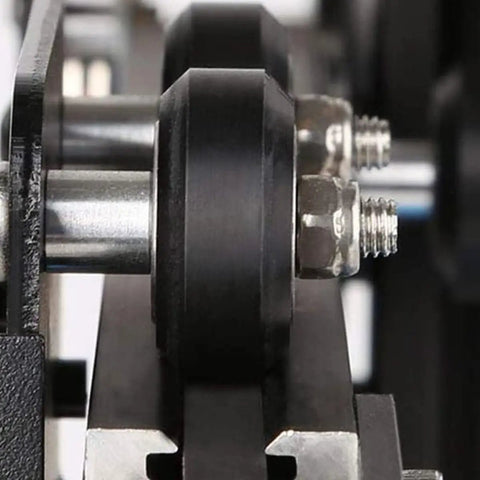Close-up of Top Notch V Shape Groove Plastic Bearing Pulleys For 3D Printer Rollers 5mm Bore 10 Pack in metal track
