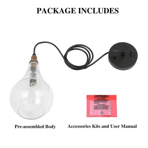 Cozy Rustic Farmhouse Wood And Glass Pendant Light For Kitchen Island And Dining Room With Teardrop Mouth Blown Glass package contents