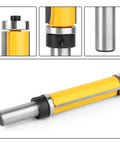 Heavy Duty Flush Trim Router Bit Featuring Dual Precision Bearings 1/2 Inch Shank 2-1/2 Inch C3 Carbide Blade For Slick Woodworking Trimming And Zero Hassle Cnc Routing Performance Daily, detailed close-up of router bit design and material.