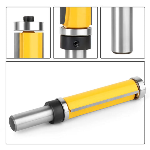 Heavy Duty Flush Trim Router Bit Featuring Dual Precision Bearings 1/2 Inch Shank 2-1/2 Inch C3 Carbide Blade For Slick Woodworking Trimming And Zero Hassle Cnc Routing Performance Daily, detailed close-up of router bit design and material.