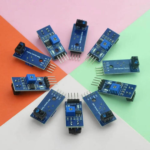 10 Pack TCRT5000 Infrared Reflective Sensor Switch Module arranged in a circle, showing durable nickel-plated housing and copper conductor.