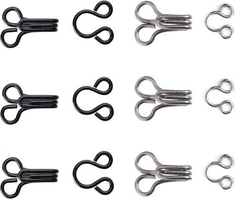 60-Piece Hooks And Eyes Go-To Closure Set For Bra Clothing Trousers And Skirts DIY Craft Three Sizes Black And Silver