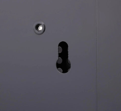 Close-up of mounting hole on 67 Inch Lockable Garage Tool Panel With Aluminum Shutter And Three Perforated Panels, Beefy Wall Mount System.