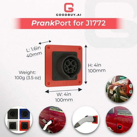 Fake EV Charging Port Magnet Snap On For Diesel Gas ICE Truck Gag Accessory Funny Prank Gift For Gearhead Buddies shown in multiple angles.