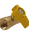Angled view of brass 1/2-inch IPS gas ball valve with yellow lever handle and female threaded ends.