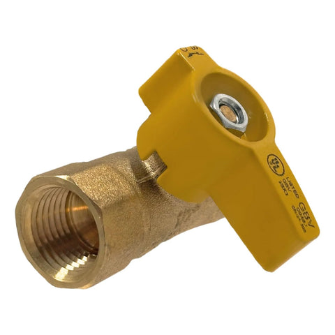 Angled view of brass 1/2-inch IPS gas ball valve with yellow lever handle and female threaded ends.