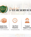 Image showing 10-year brand warranty, 5-year garden bed service with quick parts replacement, 24-hour response, and trained support team.